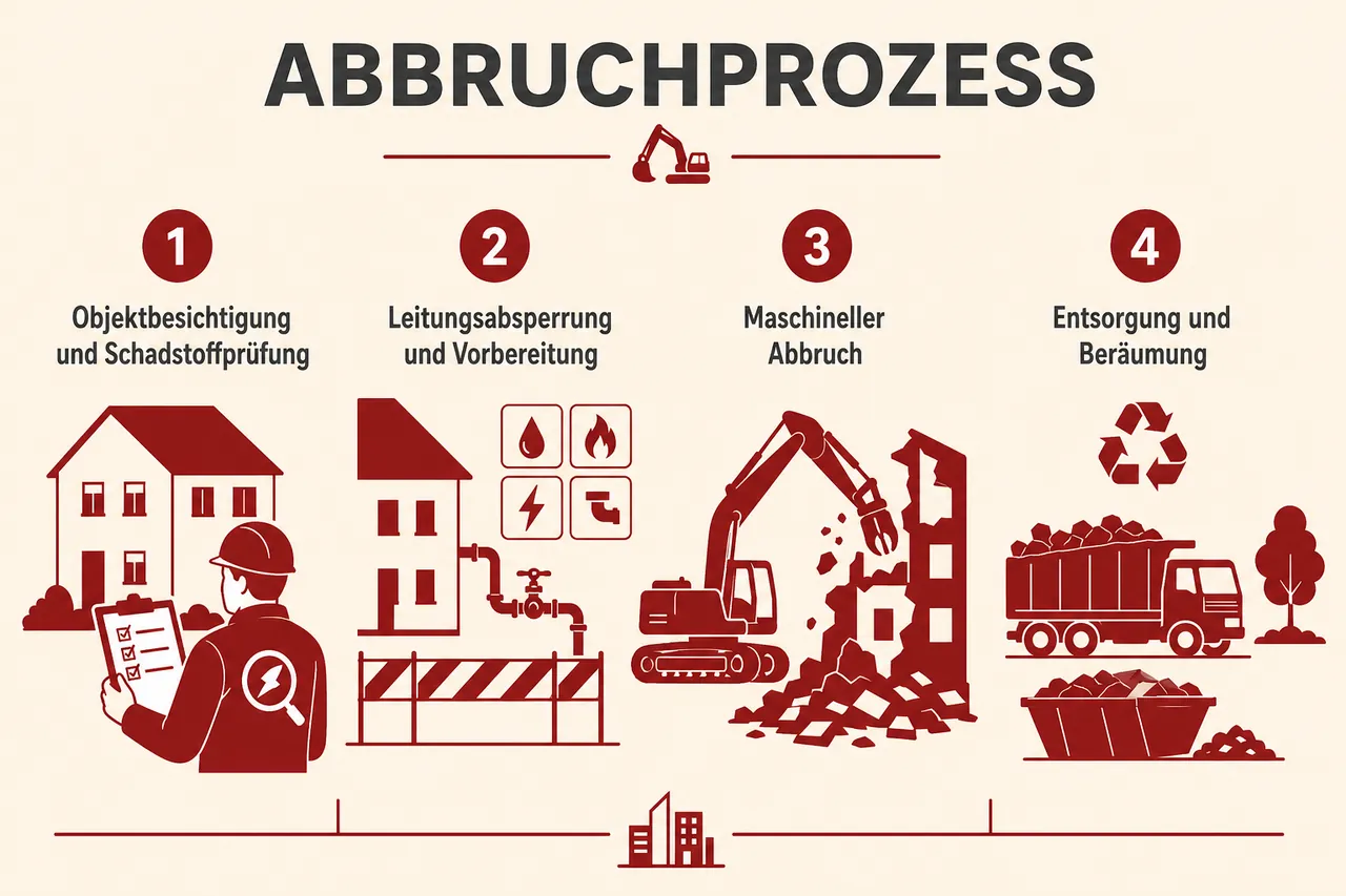 Vier Phasen des Gebäudeabbruchs als Infografik: Objektbesichtigung, Leitungsabsperrung, maschineller Abbruch, Entsorgung