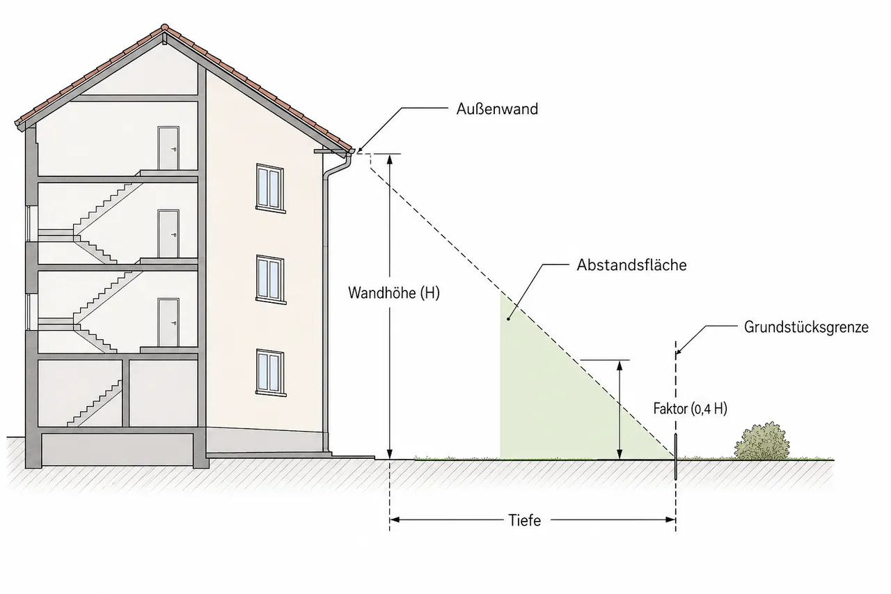 Schematische Darstellung der Abstandsfläche mit Wandhöhe und Grundstücksgrenze