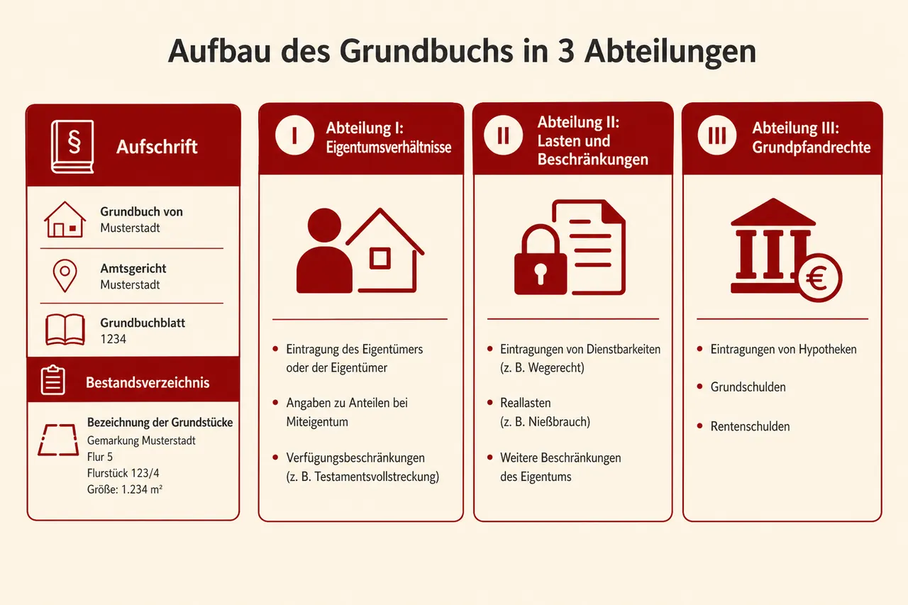 Infografik: Aufbau des Grundbuchs mit drei Abteilungen – Eigentumsverhältnisse, Lasten und Grundpfandrechte