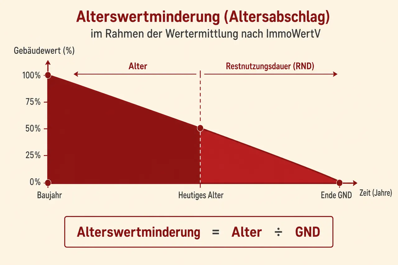Lineare Alterswertminderung im Zeitverlauf: Gebäudewert sinkt von Baujahr bis Ende der Gesamtnutzungsdauer