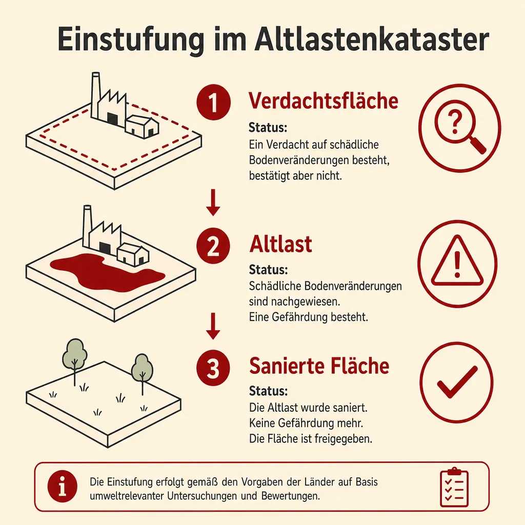 Einstufungshierarchie im Altlastenkataster: Verdachtsfläche, Altlast und sanierte Fläche als Infografik