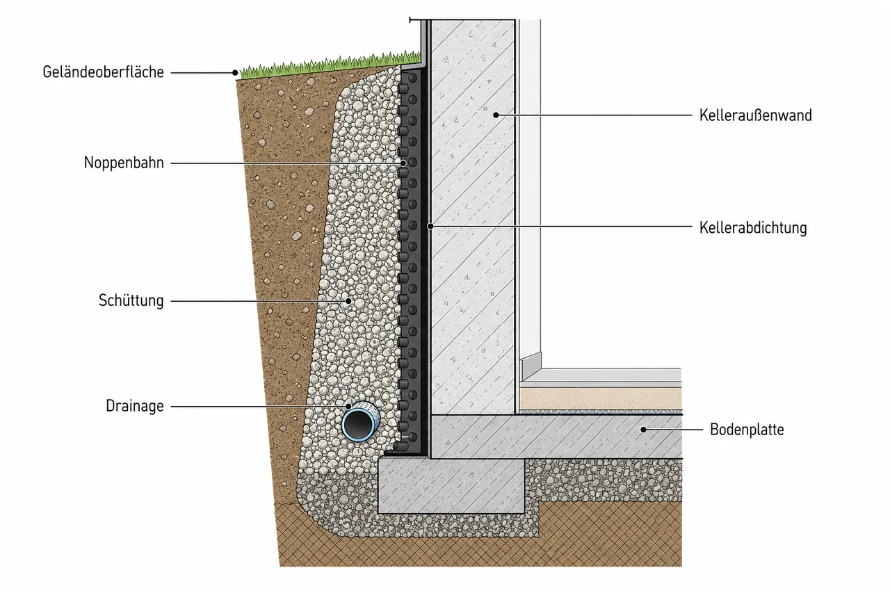 Querschnitt einer Kellerwand mit Anfüllschutz, Noppenbahn und Drainage