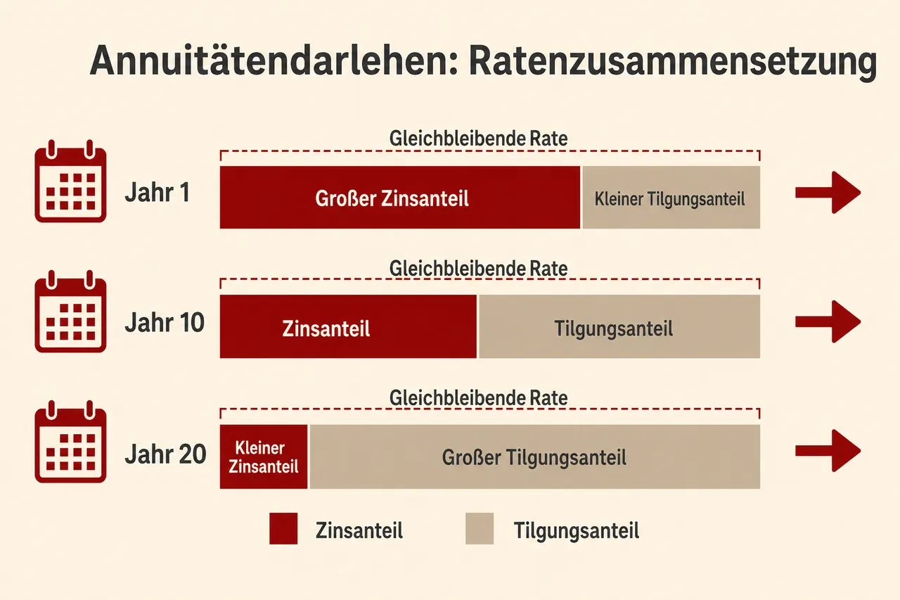 Infografik: Ratenzusammensetzung beim Annuitätendarlehen – Zinsanteil sinkt, Tilgungsanteil steigt