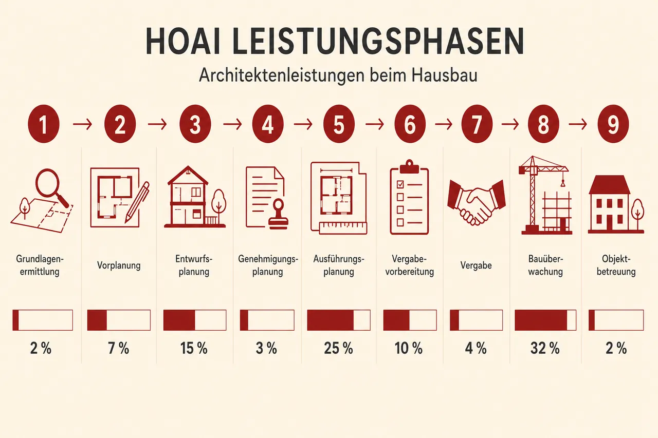 HOAI Leistungsphasen des Architekten mit prozentualen Honoraranteilen