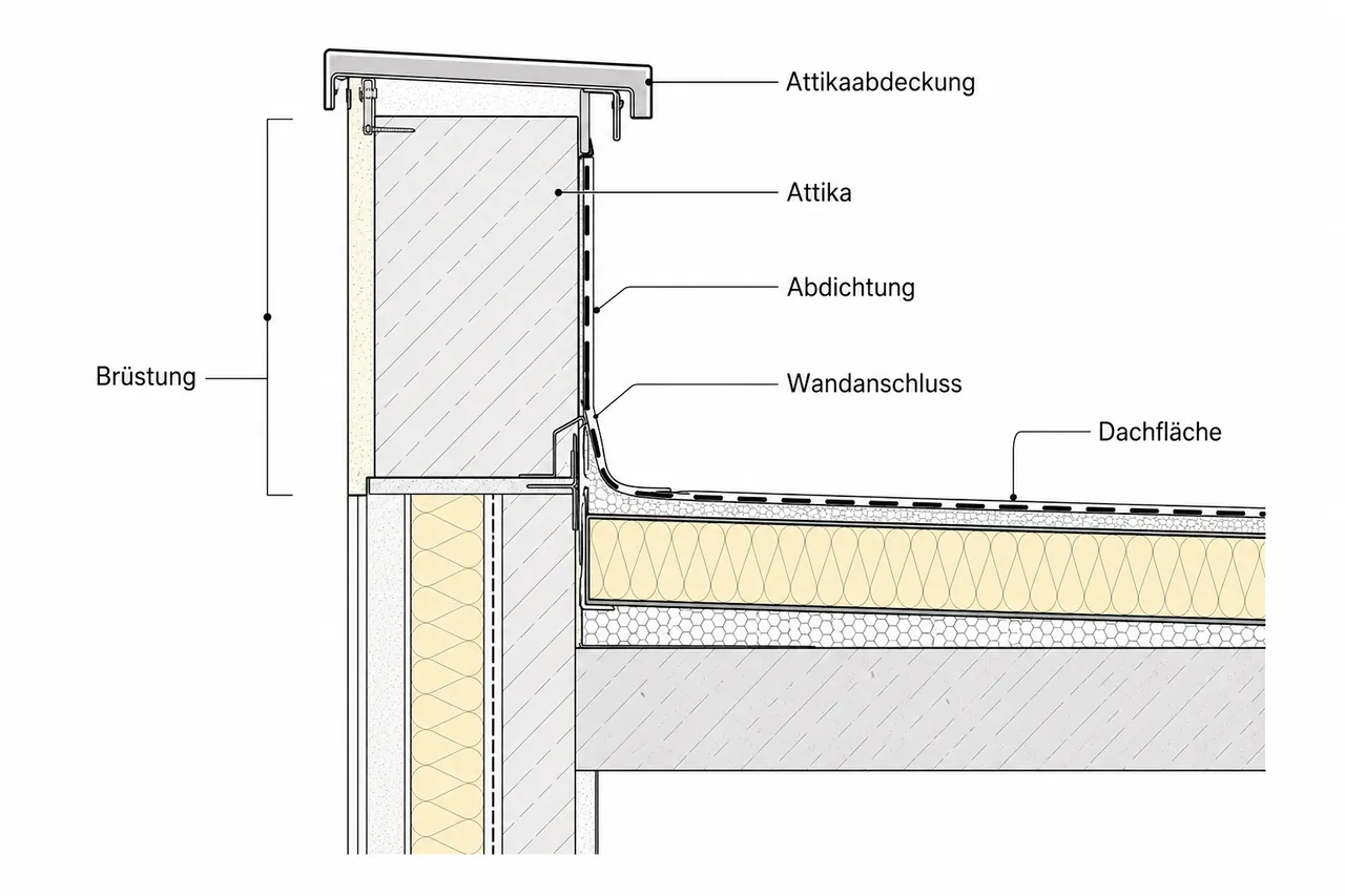 Detailquerschnitt einer Attika am Flachdach mit beschrifteten Bauteilen: Attika, Attikaabdeckung, Abdichtung, Wandanschluss, Brüstung und Dachfläche