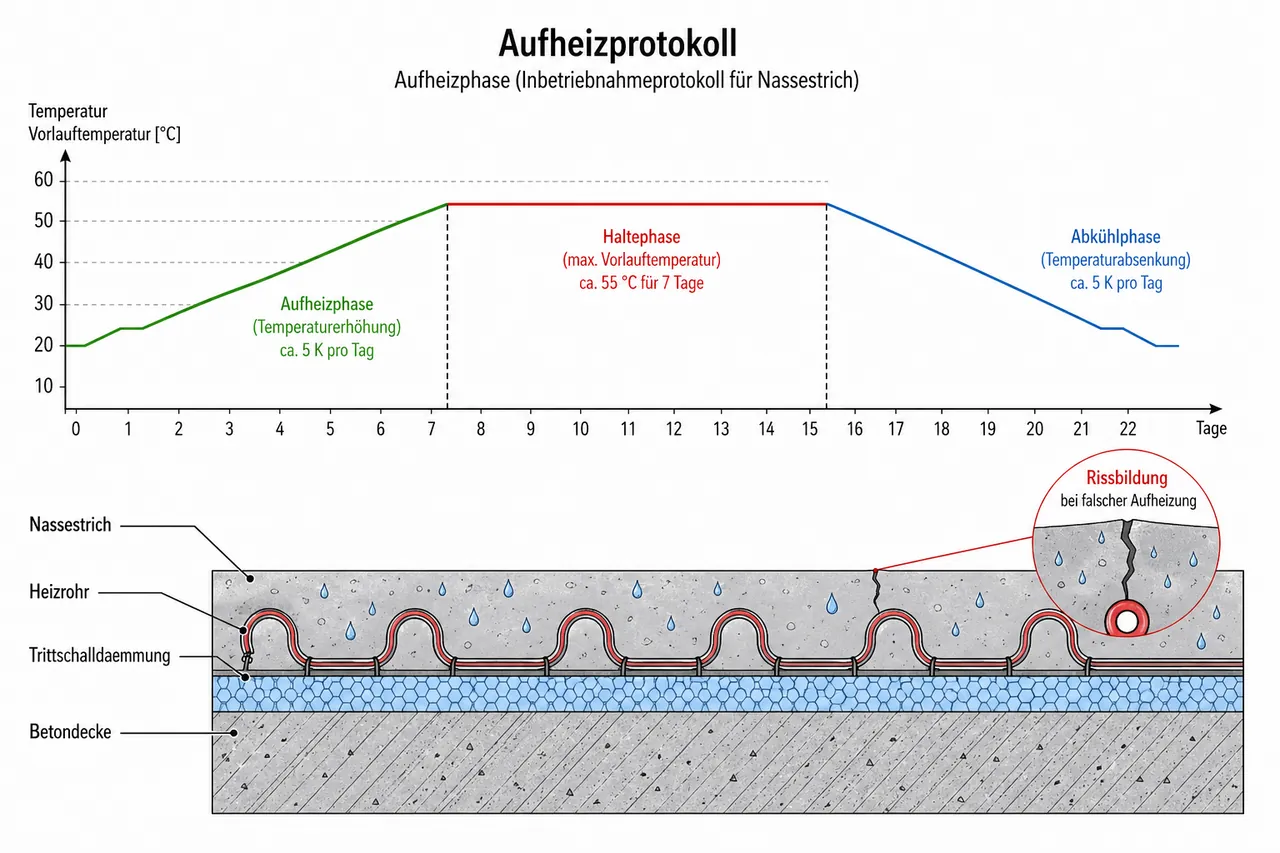 Schematischer Querschnitt Fußbodenheizung im Estrich mit Aufheizprotokoll und Schichtaufbau