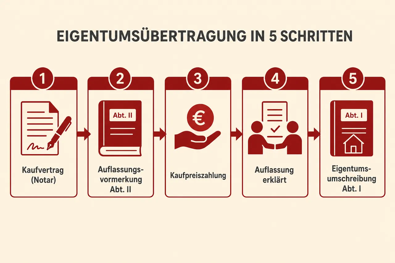 Ablauf des Eigentumsübergangs in 5 Schritten von Kaufvertrag bis Eigentumsumschreibung im Grundbuch