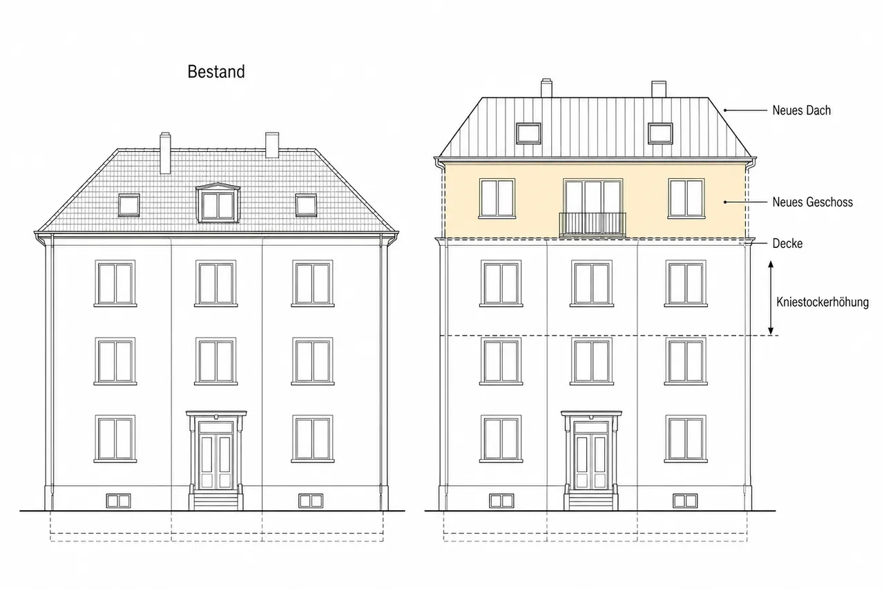 Schematischer Vergleich eines deutschen Mehrfamilienhauses vor und nach der Gebäudeaufstockung mit beschrifteten Bauteilen: Bestand, neues Geschoss und neues Dach