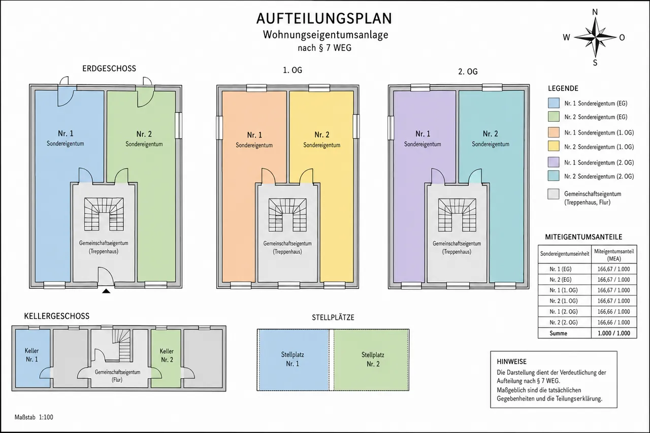 Aufteilungsplan eines deutschen Mehrfamilienhauses mit nummerierten Sondereigentumseinheiten, Gemeinschaftsflächen und Kellerabteilen