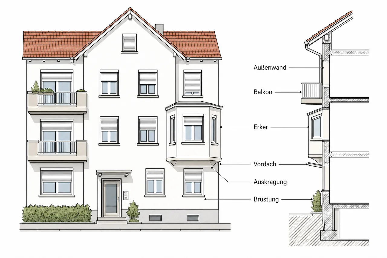 Schematische Darstellung von Auskragungen an einer Gebäudefassade mit Balkon, Erker und Vordach
