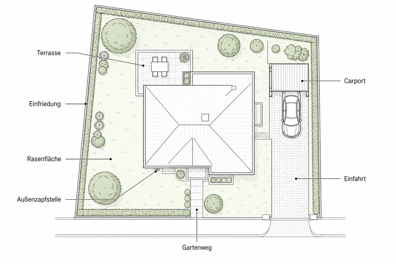 Schematischer Lageplan der Außenanlagen eines deutschen Einfamilienhauses mit beschrifteten Elementen