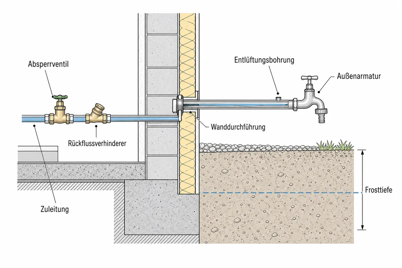 Querschnitt einer frostsicheren Außenzapfstelle mit beschrifteten Bauteilen