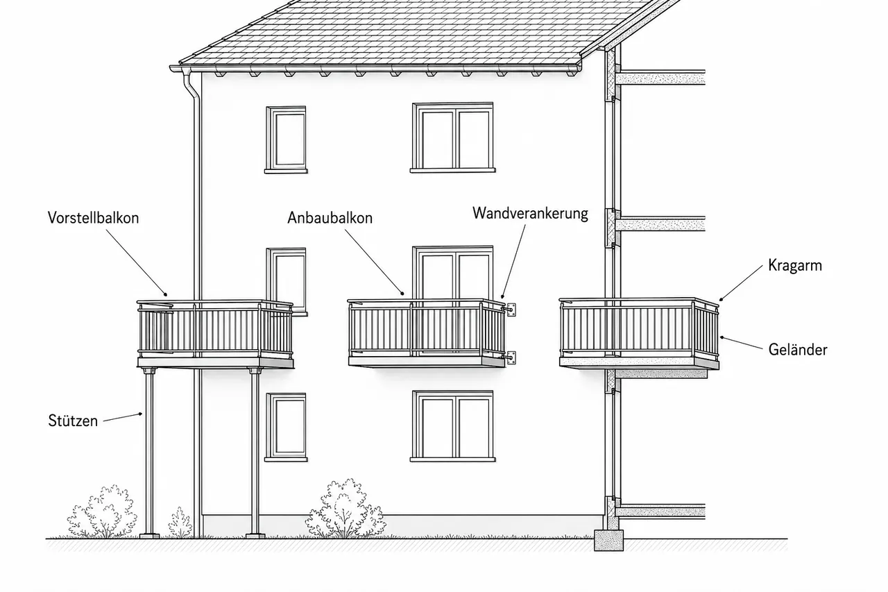 Vergleich der drei Balkonkonstruktionen an einem deutschen Mehrfamilienhaus: Vorstellbalkon auf Stützen, Anbaubalkon mit Wandverankerung und Kragarmbalkon