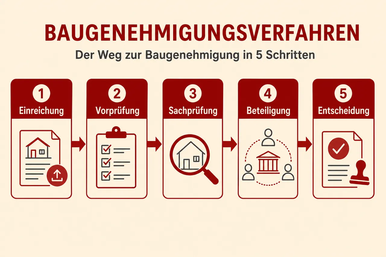 Ablauf des Baugenehmigungsverfahrens in 5 Schritten: Einreichung, Vorprüfung, Sachprüfung, Beteiligung, Entscheidung