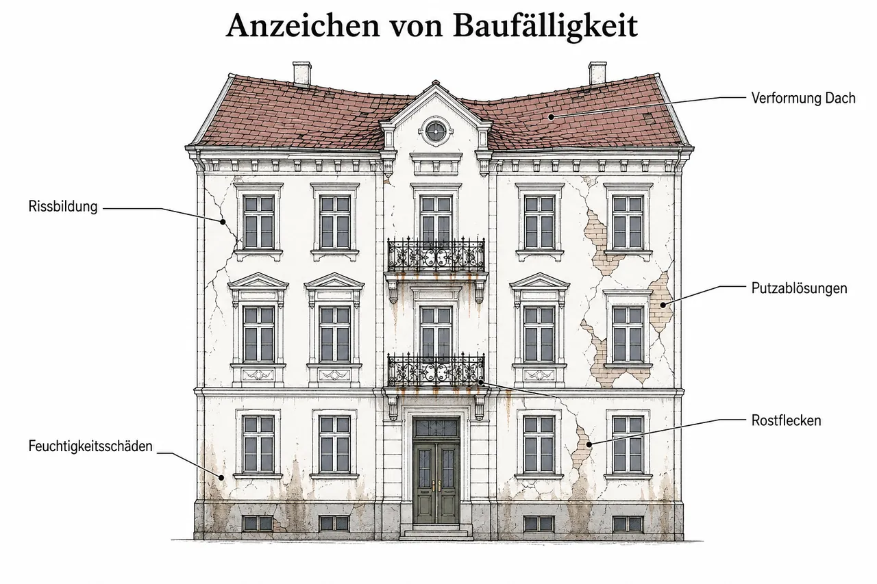 Schematische Darstellung eines baufälligen Gründerzeit-Gebäudes mit beschrifteten Schadensstellen wie Rissbildung, Feuchtigkeitsschäden und Putzablösungen