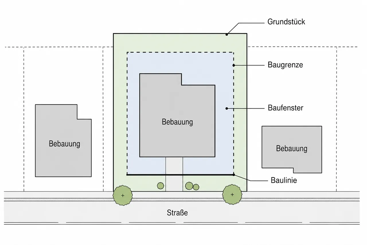 Lageplan mit Baugrenze, Baulinie und Baufenster auf einem Grundstück