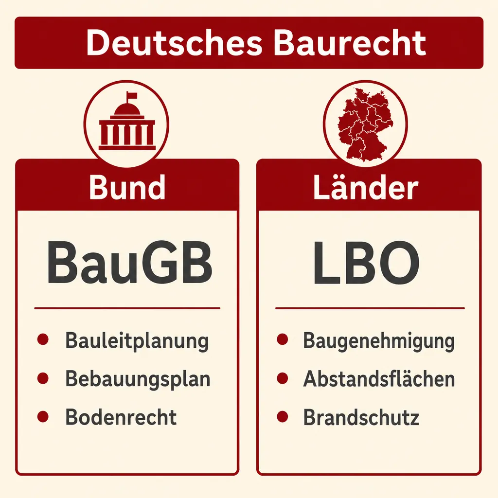 Infografik zur Struktur des deutschen Baurechts: Bundesrecht (BauGB) und Landesrecht (LBO) im Überblick