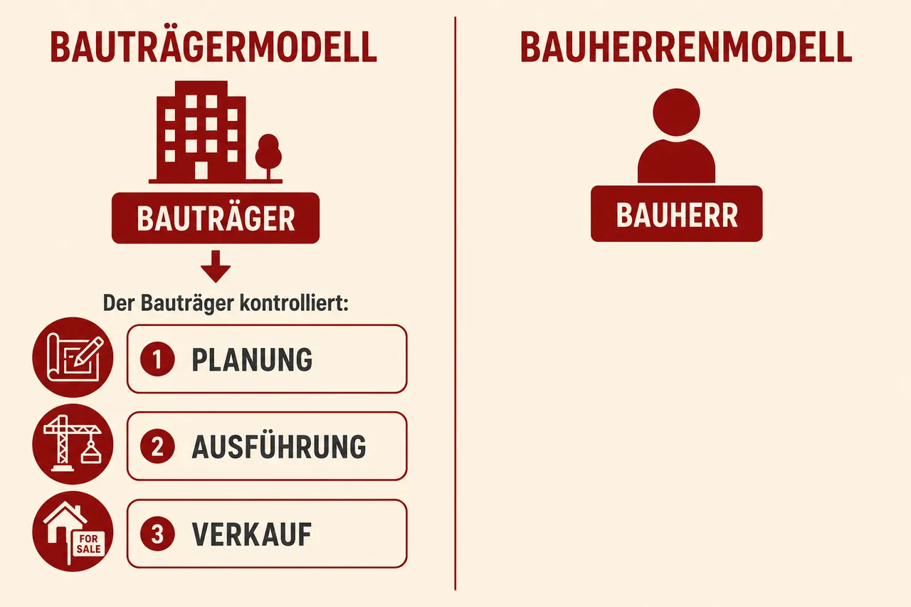 Vergleichsinfografik Bauträgermodell und Bauherrenmodell mit Aufgabenverteilung und Verantwortlichkeiten