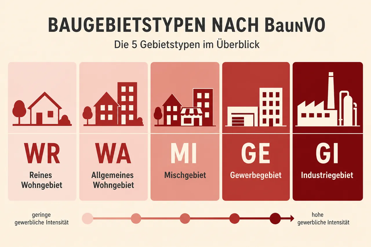 Infografik zu den Baugebietstypen nach BauNVO: WR, WA, MI, GE, GI