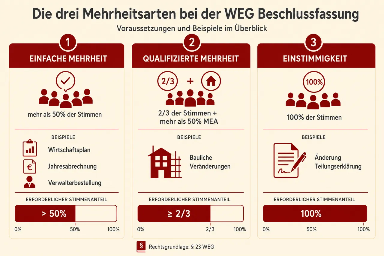 Infografik: Die drei Mehrheitsarten bei der WEG-Beschlussfassung – einfache Mehrheit, qualifizierte Mehrheit und Einstimmigkeit