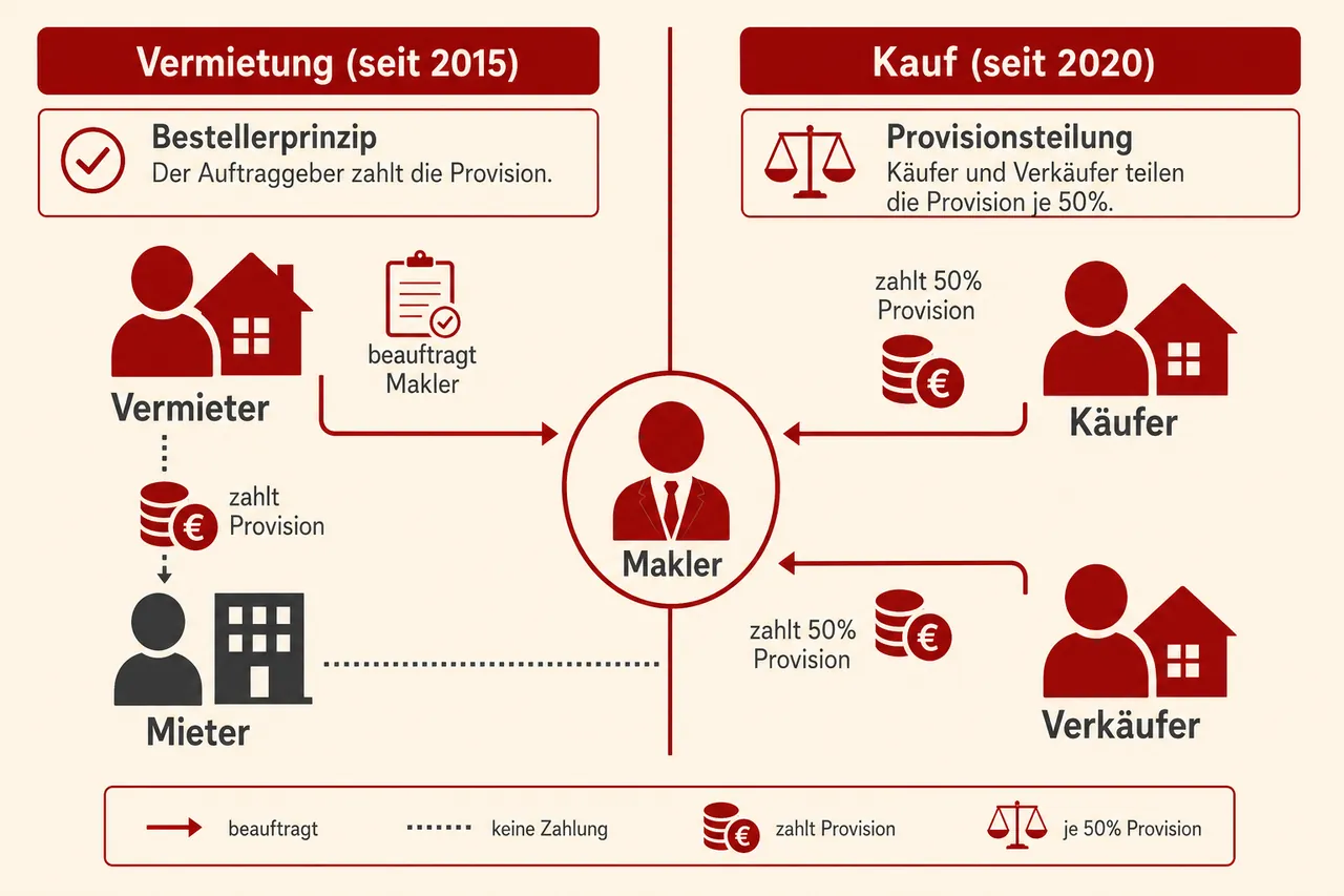 Infografik zum Bestellerprinzip bei Vermietung und Provisionsteilung beim Kauf