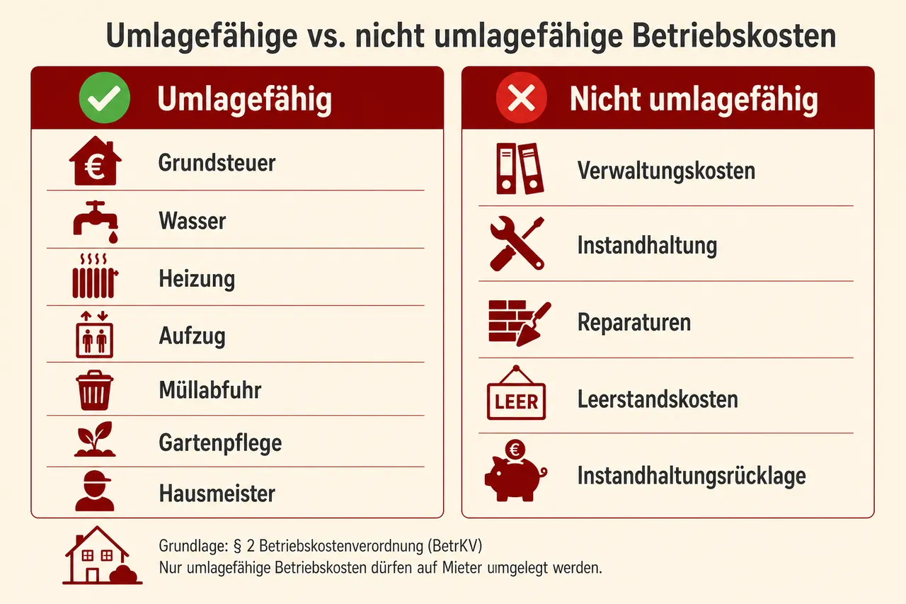 Übersicht umlagefähige und nicht umlagefähige Betriebskosten nach BetrKV