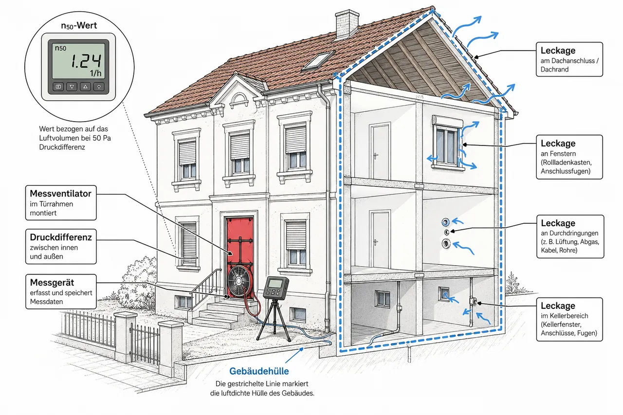 Schematische Darstellung des Blower-Door-Tests mit Messventilator in der Tür und Leckagepunkten an der Gebäudehülle