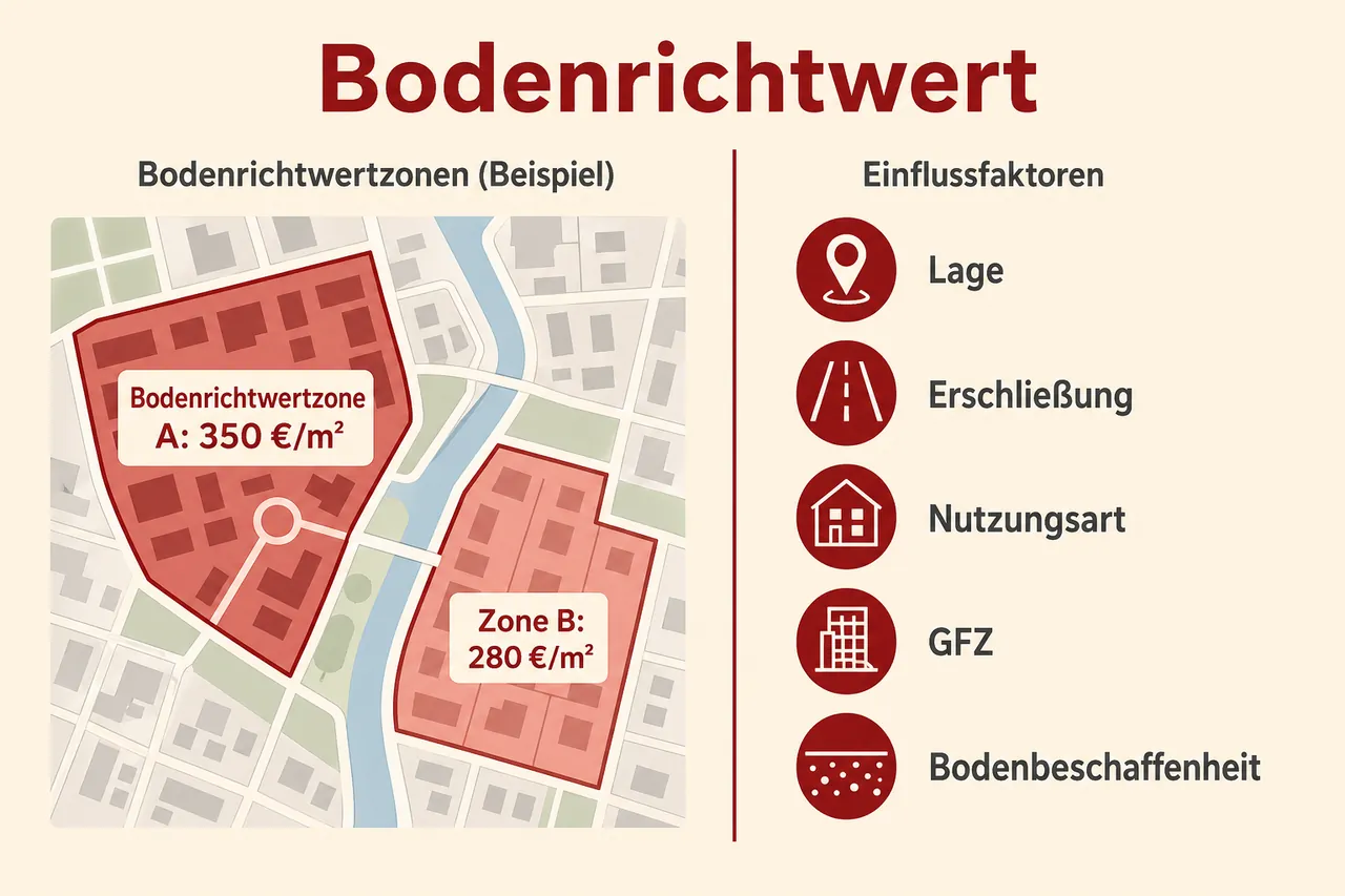 Bodenrichtwertzonen im Lageplan mit Einflussfaktoren wie Erschließung, GFZ und Nutzungsart