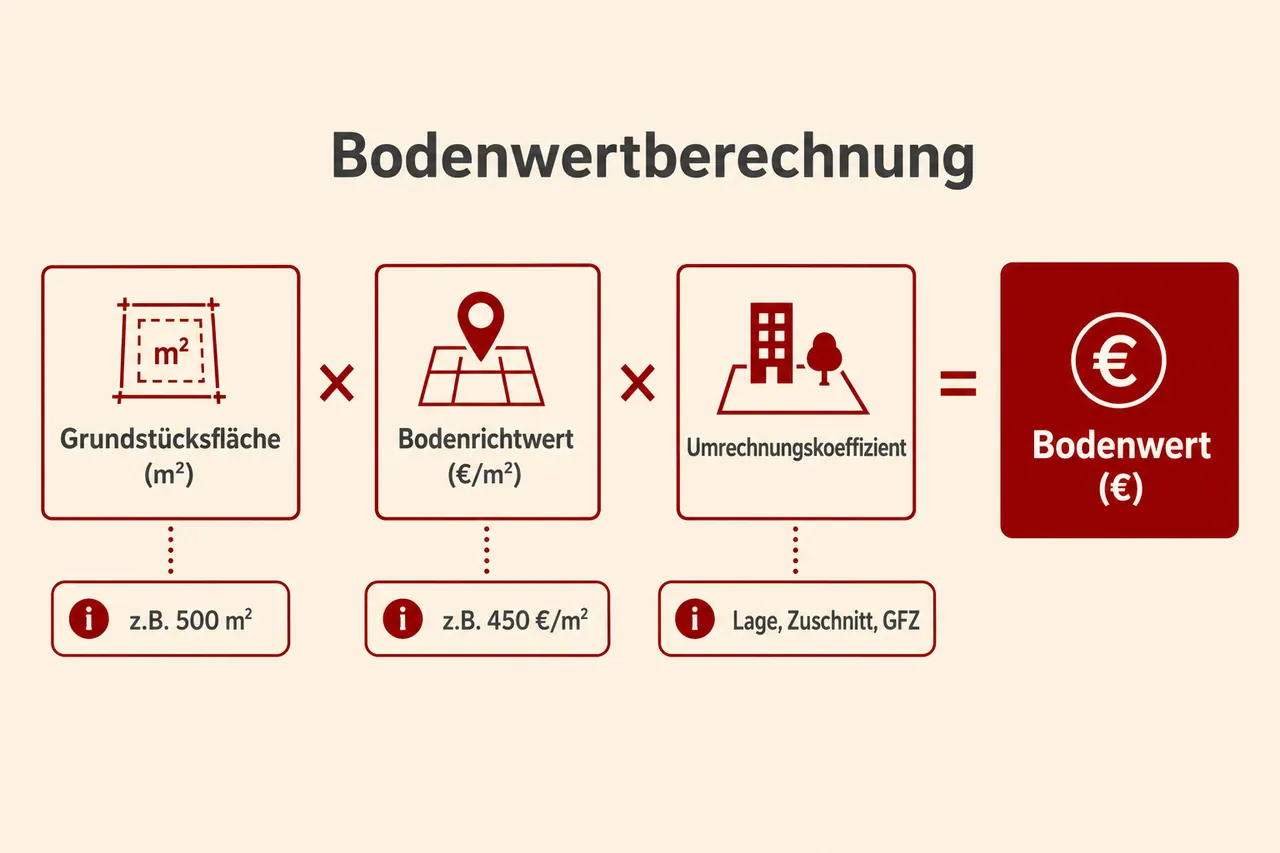 Formelfluss der Bodenwertberechnung: Grundstücksfläche mal Bodenrichtwert mal Umrechnungskoeffizient ergibt den Bodenwert