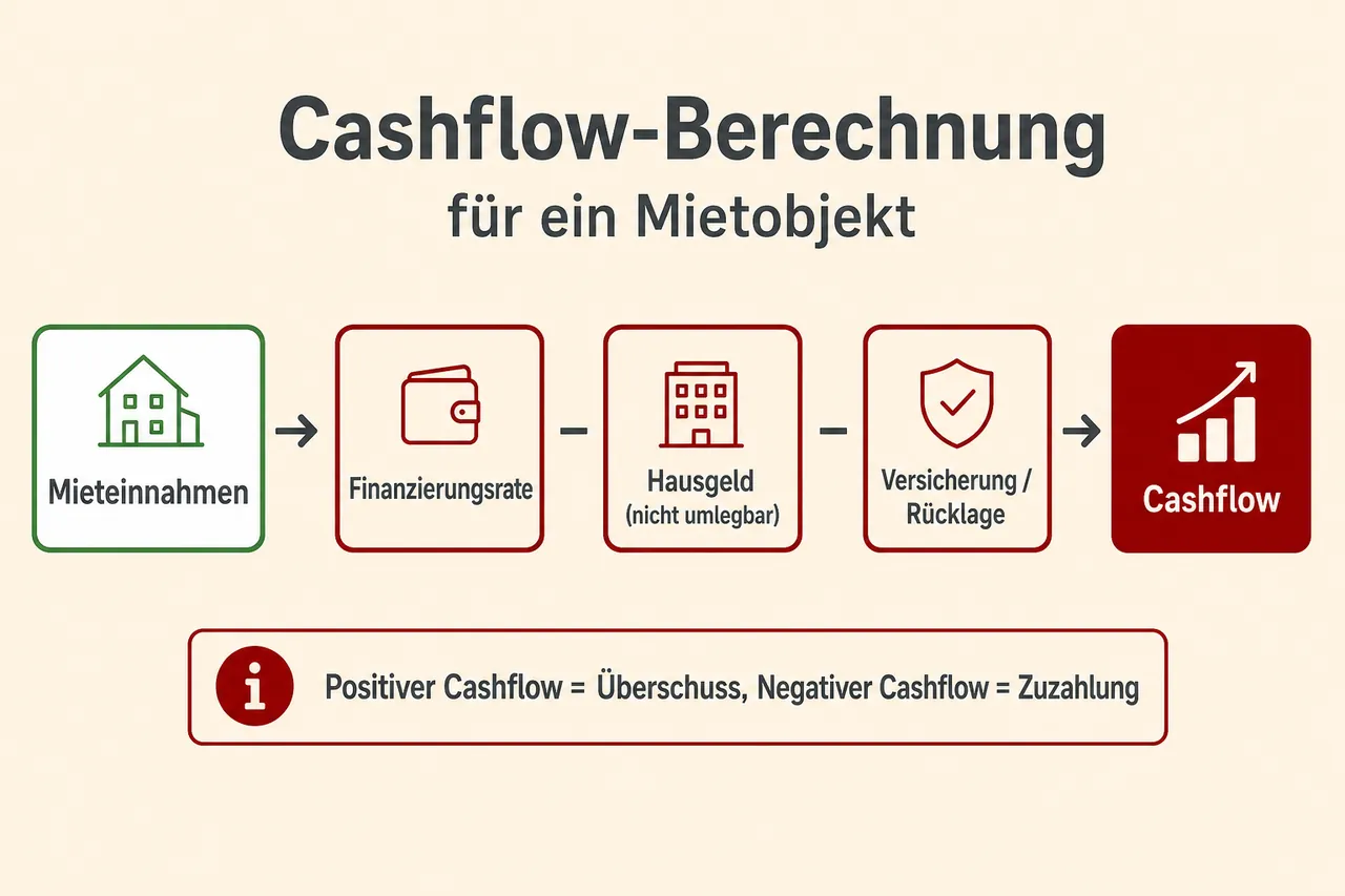 Cashflow-Berechnung bei einer vermieteten Immobilie als Flussdiagramm