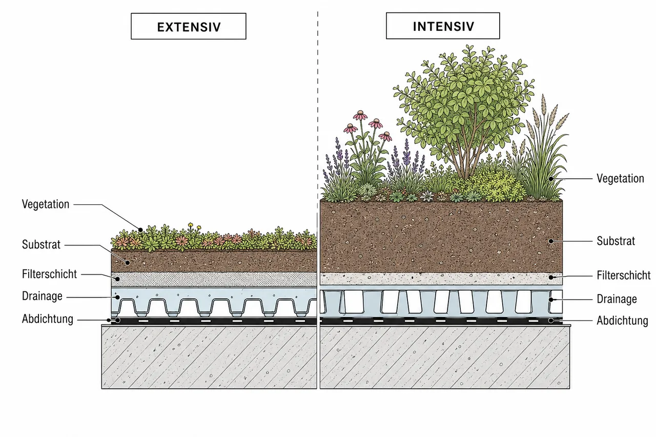 Querschnitt eines extensiven und intensiven Gründachs im Vergleich mit beschrifteten Schichten: Substrat, Drainage, Filterschicht, Abdichtung und Vegetation