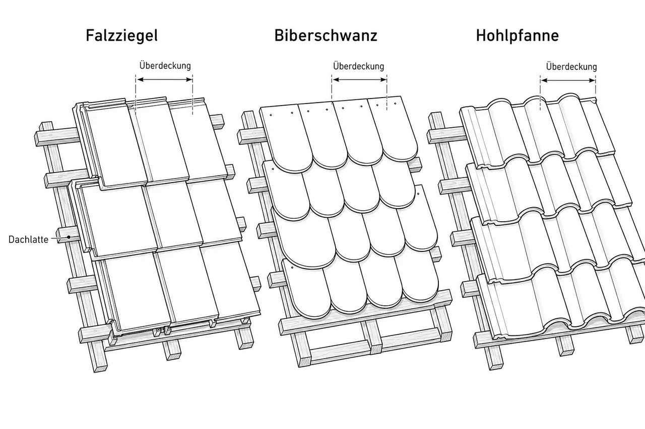 Isometrische Darstellung der Dachziegel-Typen im Vergleich: Falzziegel, Biberschwanz und Hohlpfanne auf der Dachlatte mit Überdeckung