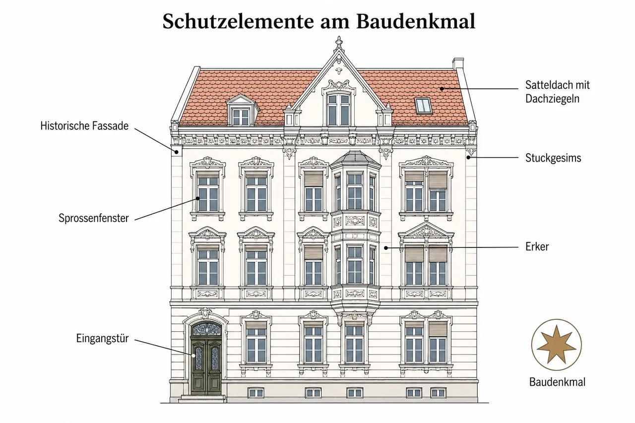 Schematische Darstellung eines denkmalgeschützten Gründerzeit-Gebäudes mit beschrifteten genehmigungspflichtigen Elementen: Fassade, Sprossenfenster, Stuckgesims, Erker und Satteldach