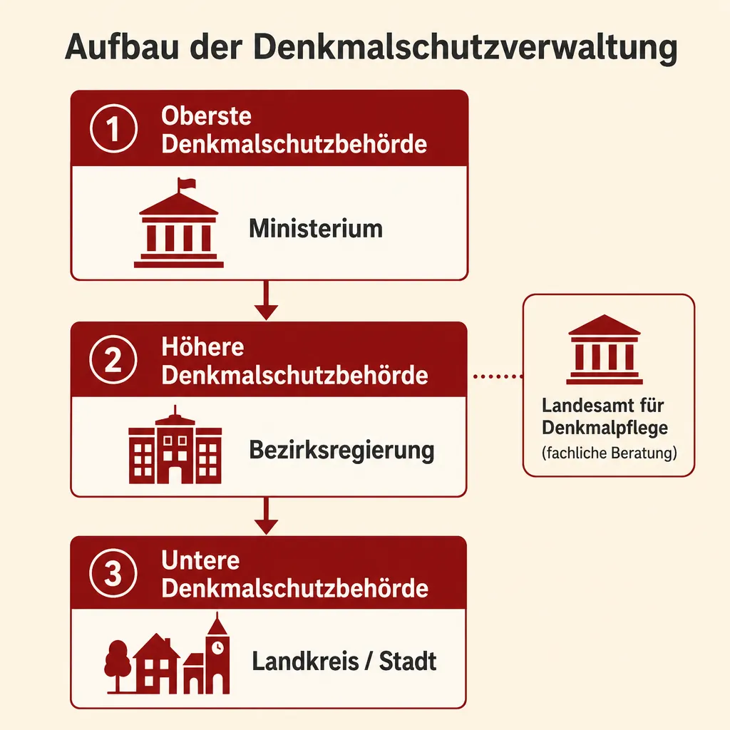 Dreistufiger Aufbau der deutschen Denkmalschutzverwaltung: Oberste, Höhere und Untere Denkmalschutzbehörde als Infografik
