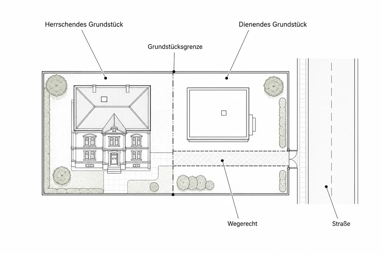 Schematische Darstellung einer Grunddienstbarkeit mit herrschendem und dienendem Grundstück sowie eingetragenem Wegerecht