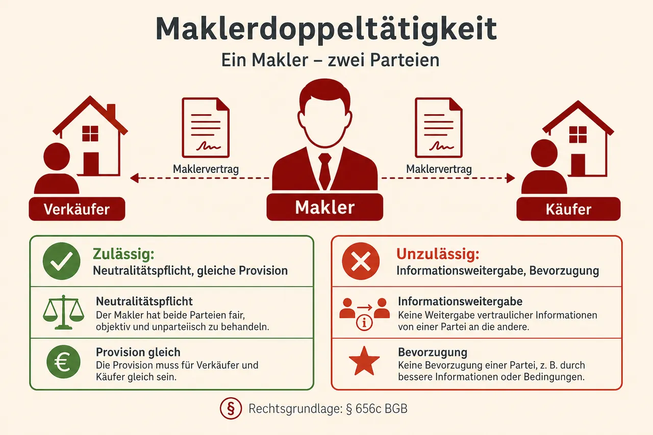 Infografik zur Maklerdoppeltätigkeit mit zulässigen und unzulässigen Verhaltensweisen