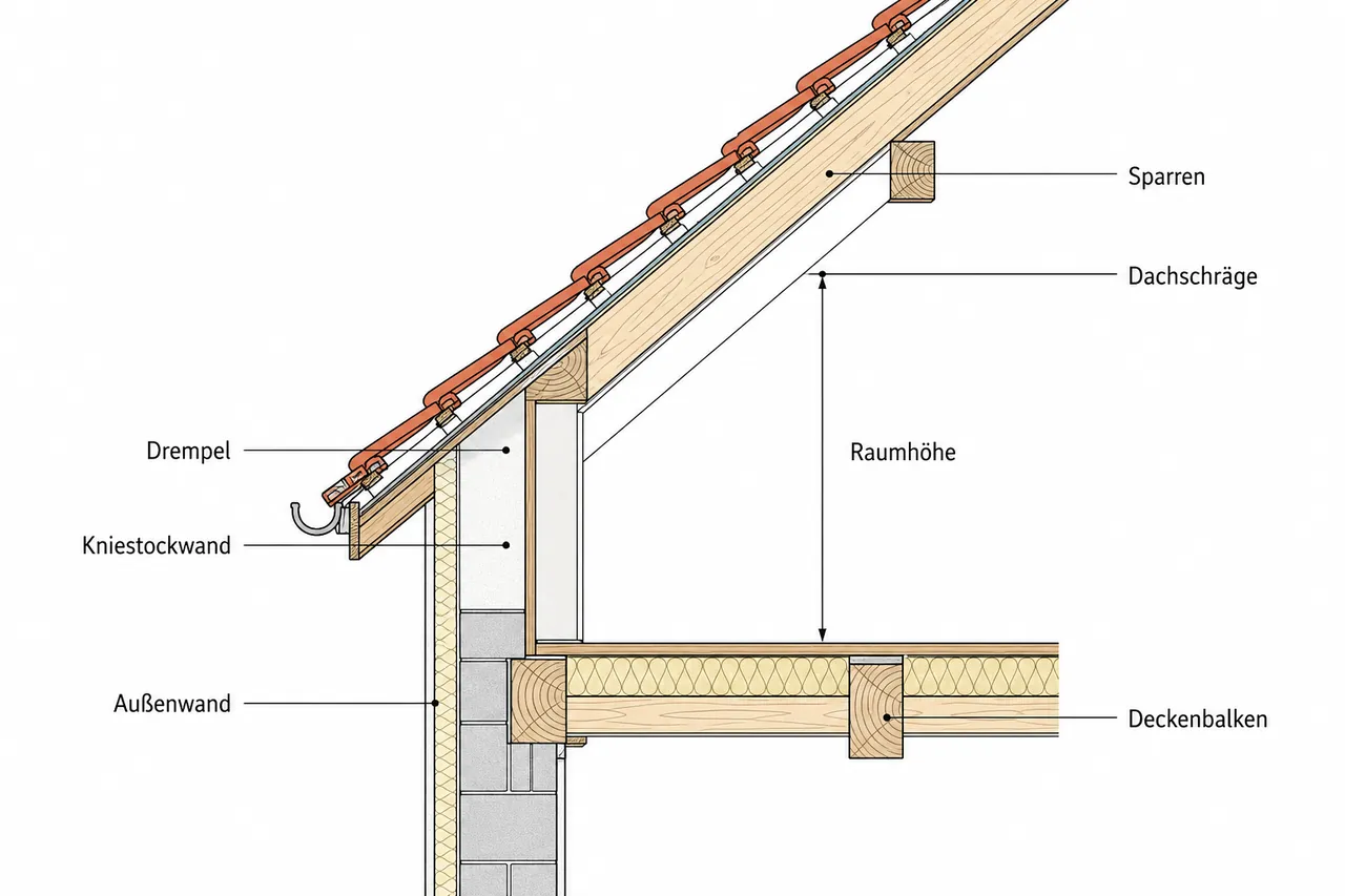 Querschnitt des Drempels mit Kniestockwand, Dachschräge und Sparren
