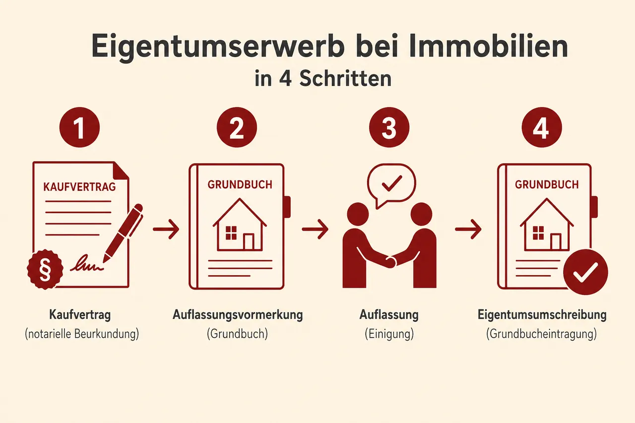 Prozess des Eigentumserwerbs bei Immobilien: von Kaufvertrag über Auflassungsvormerkung und Auflassung bis zur Grundbucheintragung
