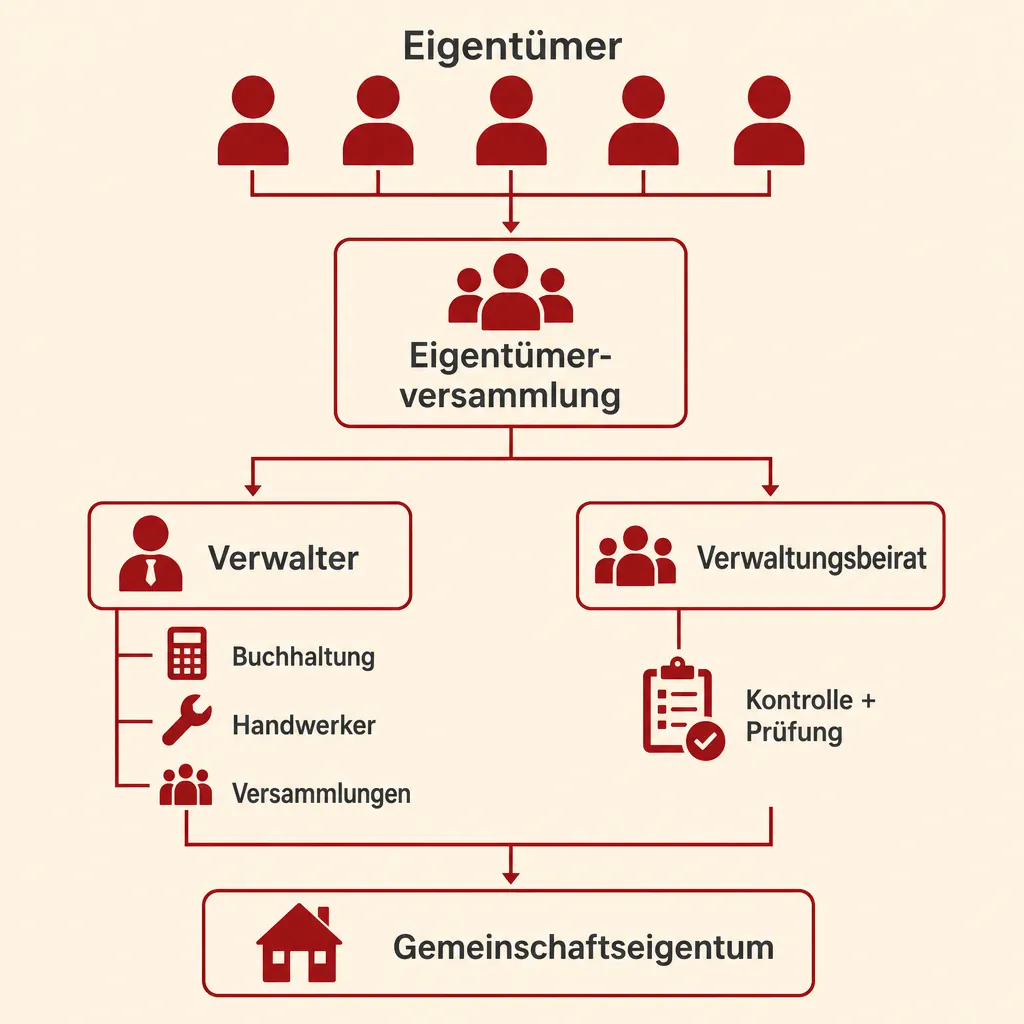 Infografik: Organisationsstruktur einer Wohnungseigentümergemeinschaft mit Eigentümerversammlung, Verwalter und Verwaltungsbeirat