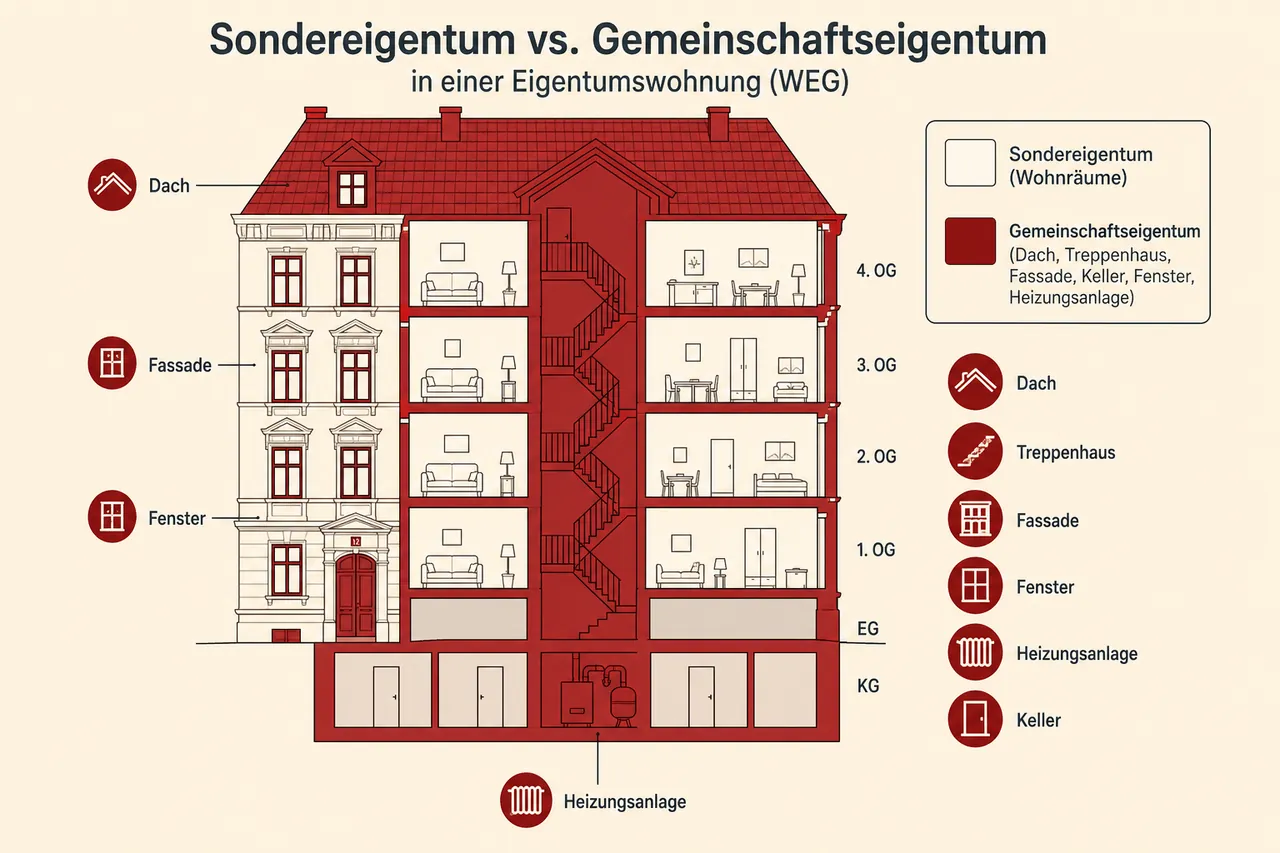 Infografik: Sondereigentum (Wohnräume) und Gemeinschaftseigentum (Dach, Treppenhaus, Fassade) in einem deutschen Mehrfamilienhaus