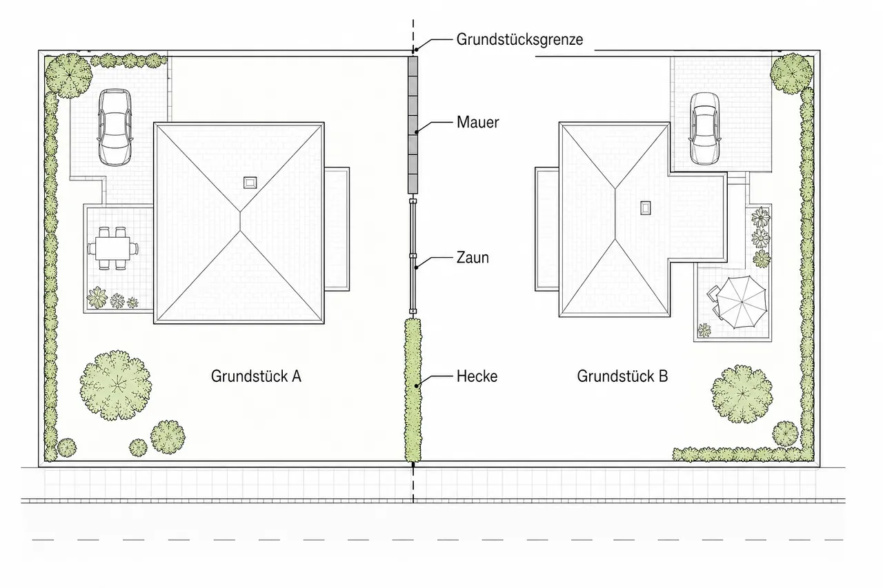 Schematische Lageplandarstellung zweier Grundstücke mit Mauer, Zaun und Hecke an der Grundstücksgrenze