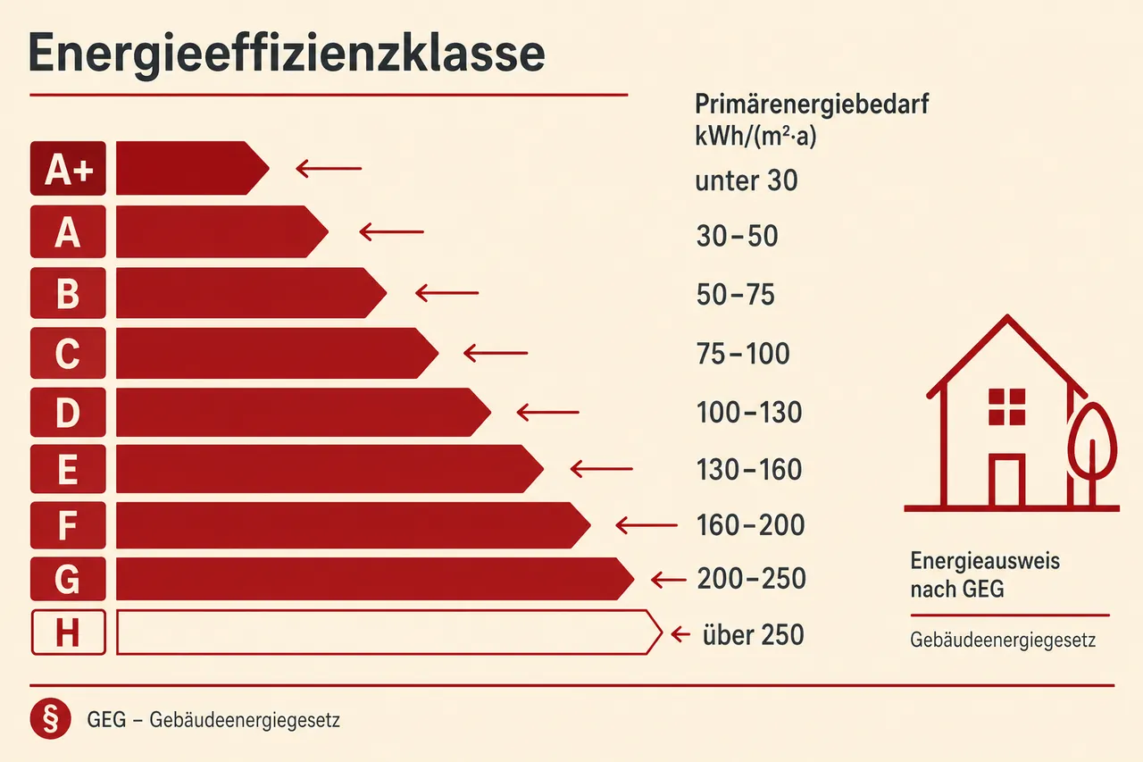 Infografik der Energieeffizienzklassen A+ bis H mit Primärenergiebedarf in kWh pro Quadratmeter und Jahr