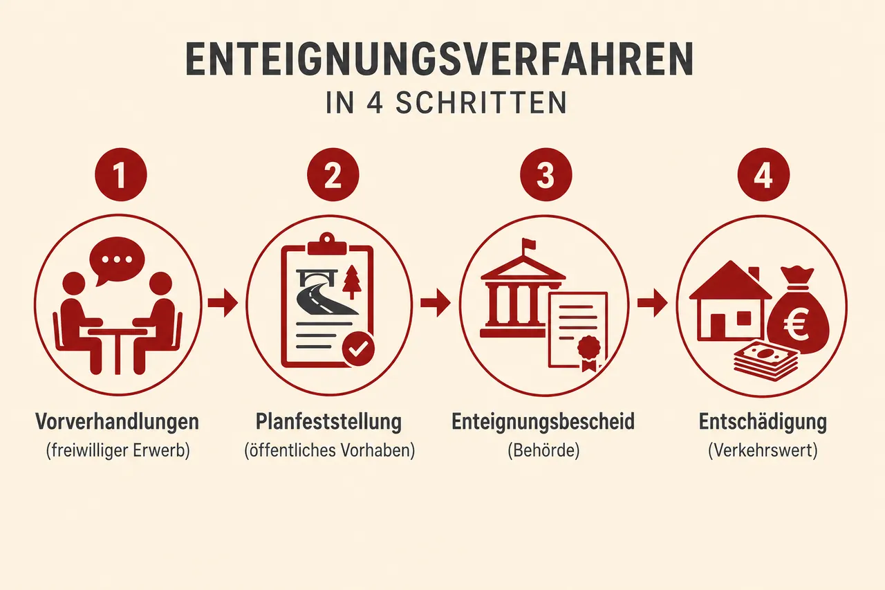 Ablauf des Enteignungsverfahrens in vier Schritten: Vorverhandlungen, Planfeststellung, Enteignungsbescheid und Entschädigung