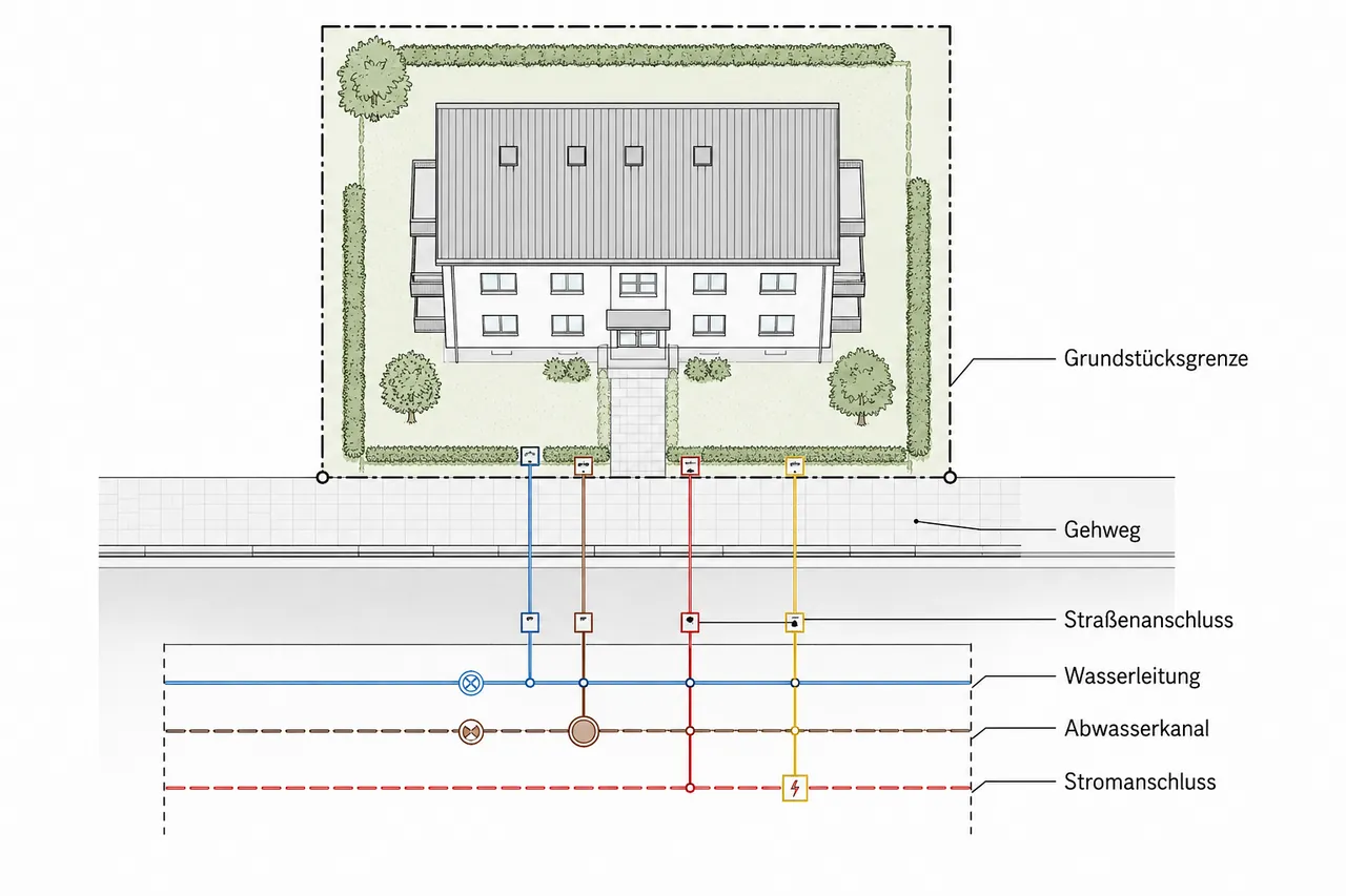 Lageplan eines erschlossenen Grundstücks mit beschrifteten Infrastrukturanschlüssen: Straße, Wasser, Abwasser und Strom
