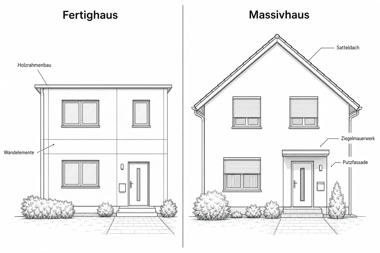 Vergleichsdarstellung Fertighaus und Massivhaus als Gebäudeansicht nebeneinander mit beschrifteten Konstruktionsmerkmalen