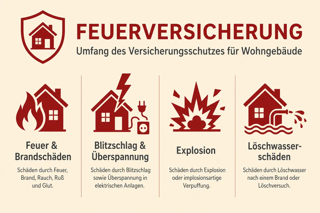 Infografik: Leistungsumfang der Feuerversicherung – Feuer, Blitzschlag, Explosion, Löschwasserschäden