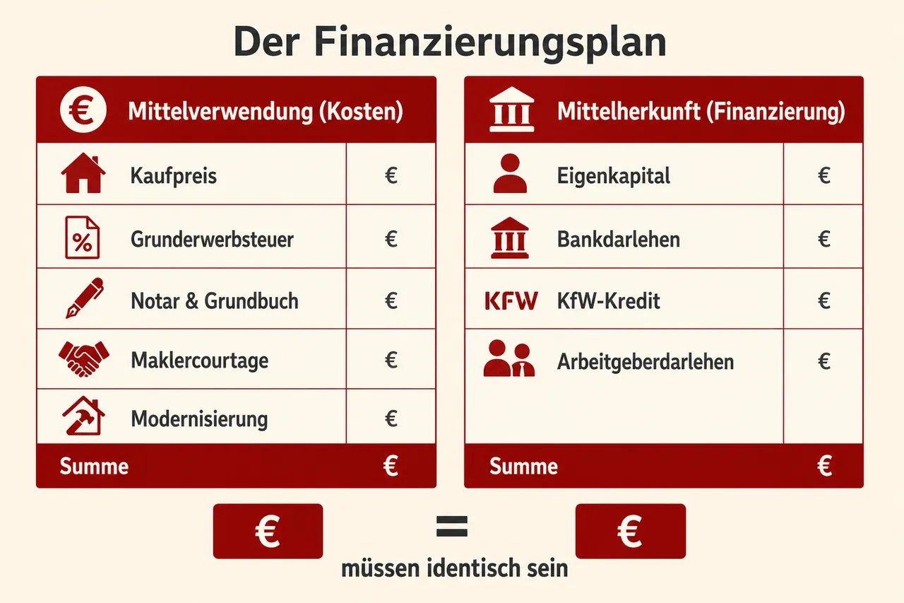 Infografik: Finanzierungsplan mit Mittelverwendung (Kosten) und Mittelherkunft (Eigenkapital und Darlehen)