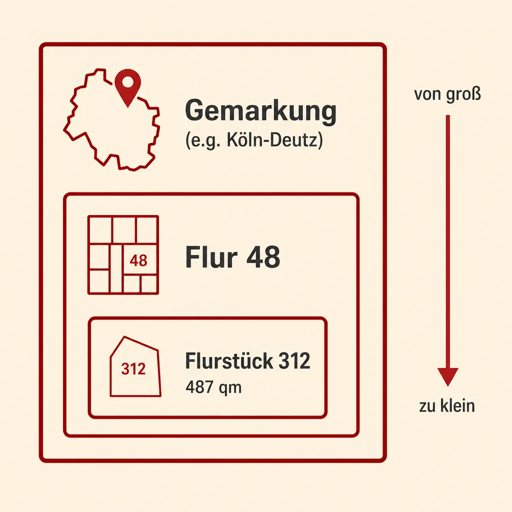 Hierarchie im Liegenschaftskataster: Gemarkung enthält Flur, Flur enthält Flurstück mit Nummer und Fläche