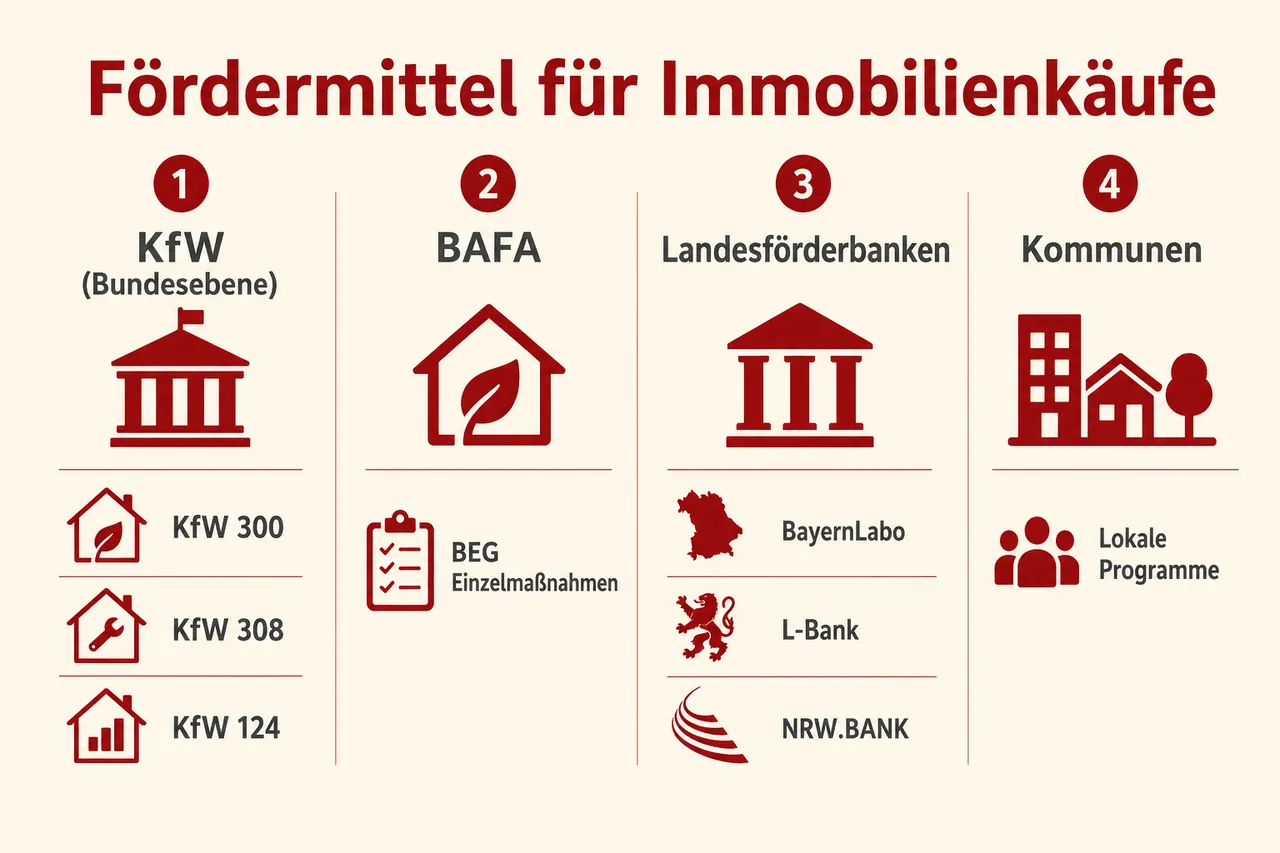 Vier Förderebenen für Immobilienkäufe: KfW, BAFA, Landesförderbanken und Kommunen im Überblick