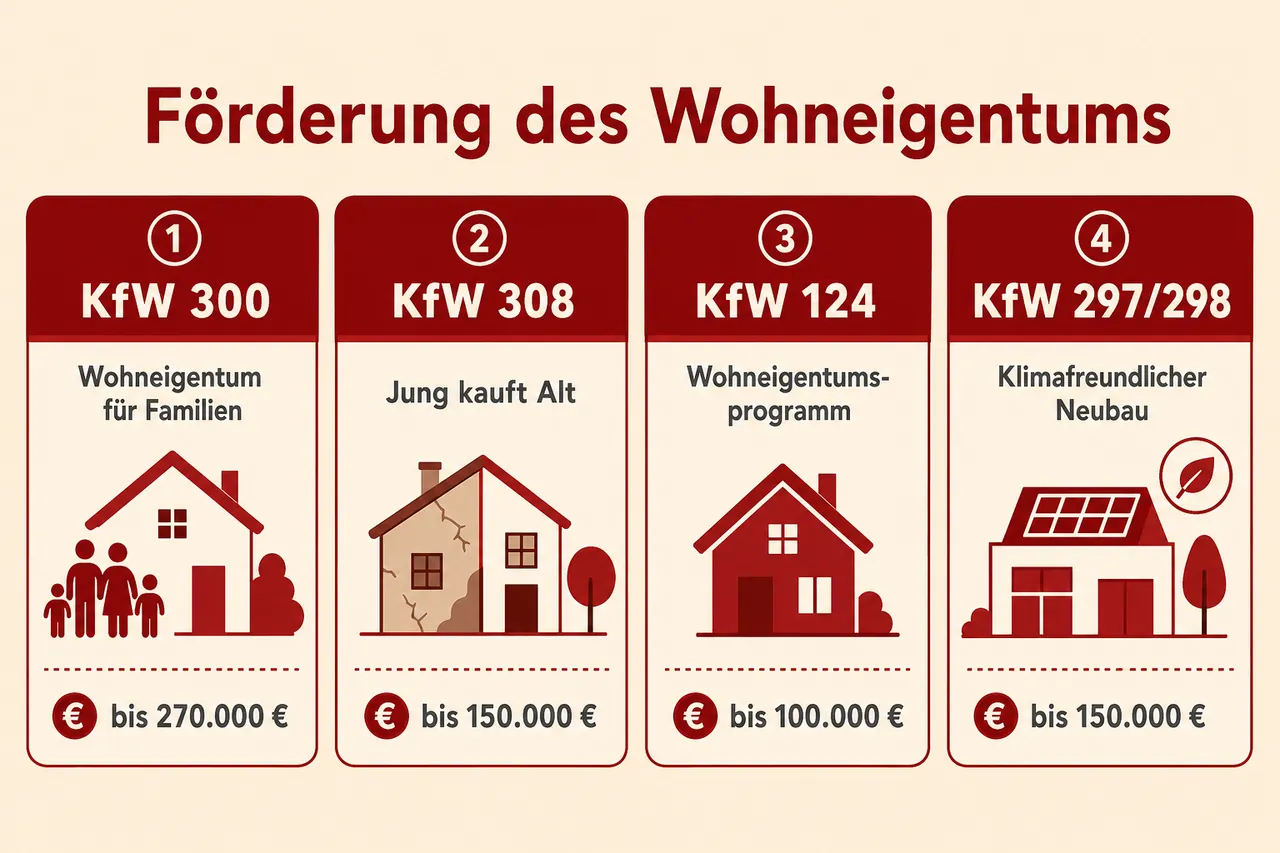 Aktuelle KfW-Förderprogramme für Wohneigentum: KfW 300, 308, 124 und 297/298 im Vergleich